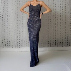 Elegant Navy Blue Glitter Full Length Evening Gown with Open Back Dress - XS